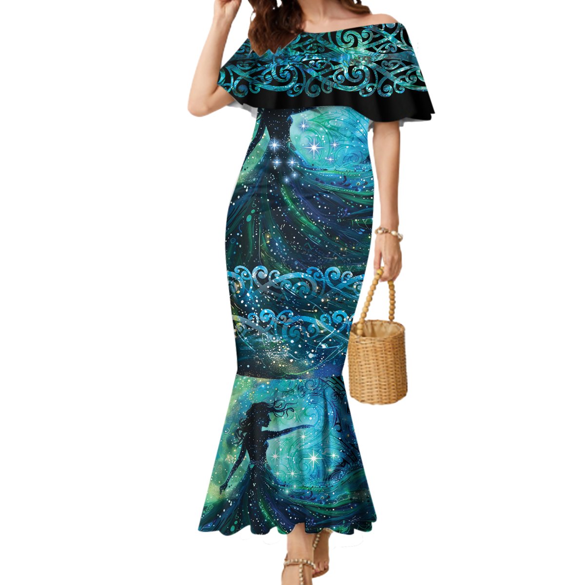 New Zealand Matariki Hiwa-i-te-rangi Mermaid Dress Titiro ki nga Whetu Wishing Star LT9 Women Black - Polynesian Pride