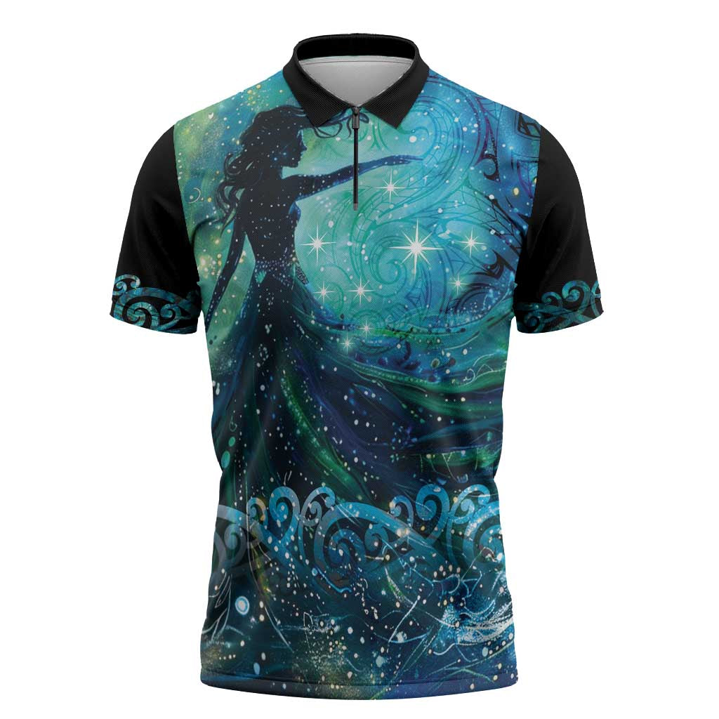 New Zealand Matariki Hiwa-i-te-rangi Zipper Polo Shirt Titiro ki nga Whetu Wishing Star LT9 Black - Polynesian Pride