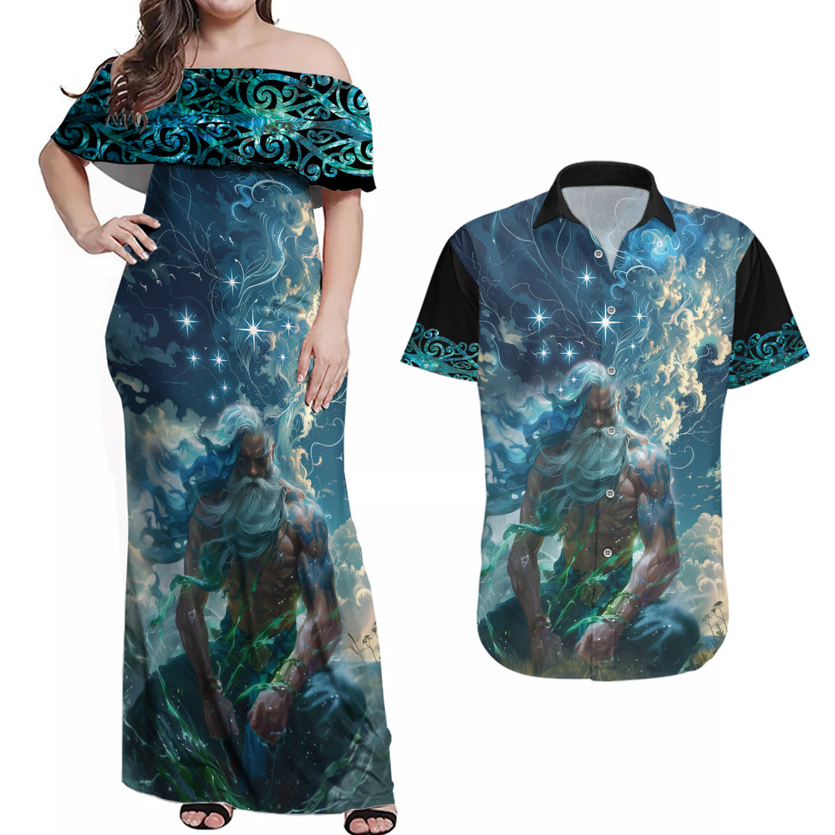New Zealand Matariki Ururangi Couples Matching Off Shoulder Maxi Dress and Hawaiian Shirt The Murmur Of The Wind LT9 Black - Polynesian Pride