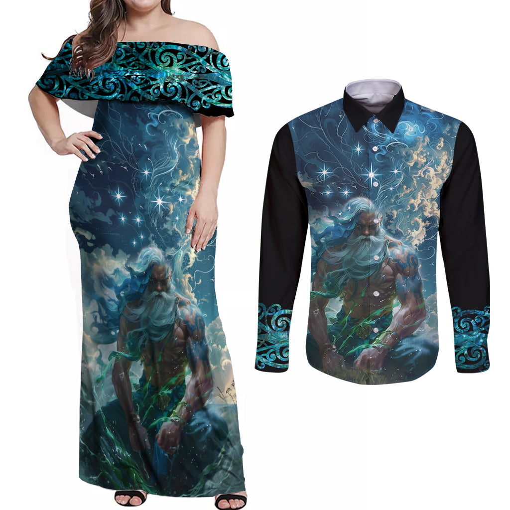 New Zealand Matariki Ururangi Couples Matching Off Shoulder Maxi Dress and Long Sleeve Button Shirt The Murmur Of The Wind LT9 Black - Polynesian Pride
