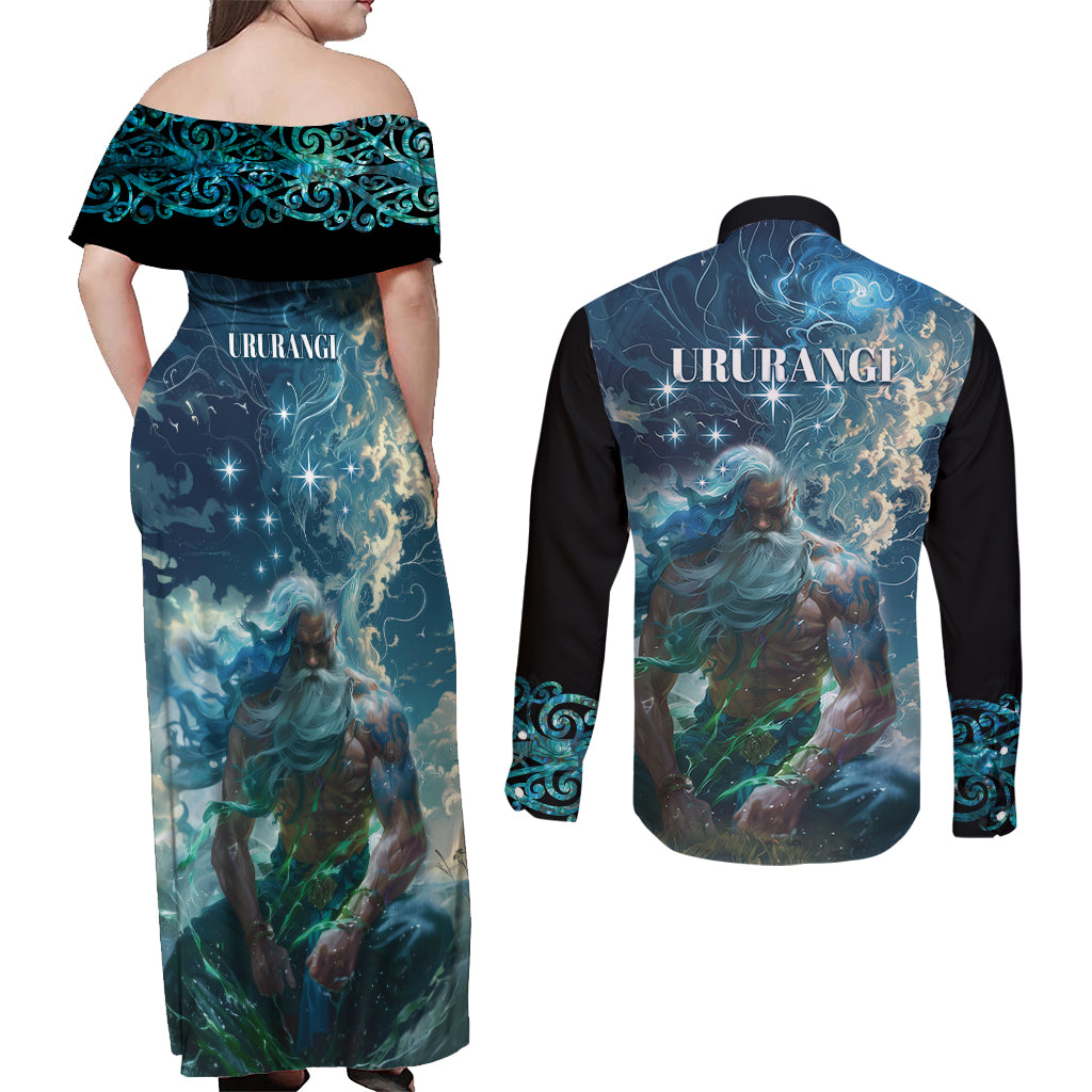 New Zealand Matariki Ururangi Couples Matching Off Shoulder Maxi Dress and Long Sleeve Button Shirt The Murmur Of The Wind LT9 - Polynesian Pride