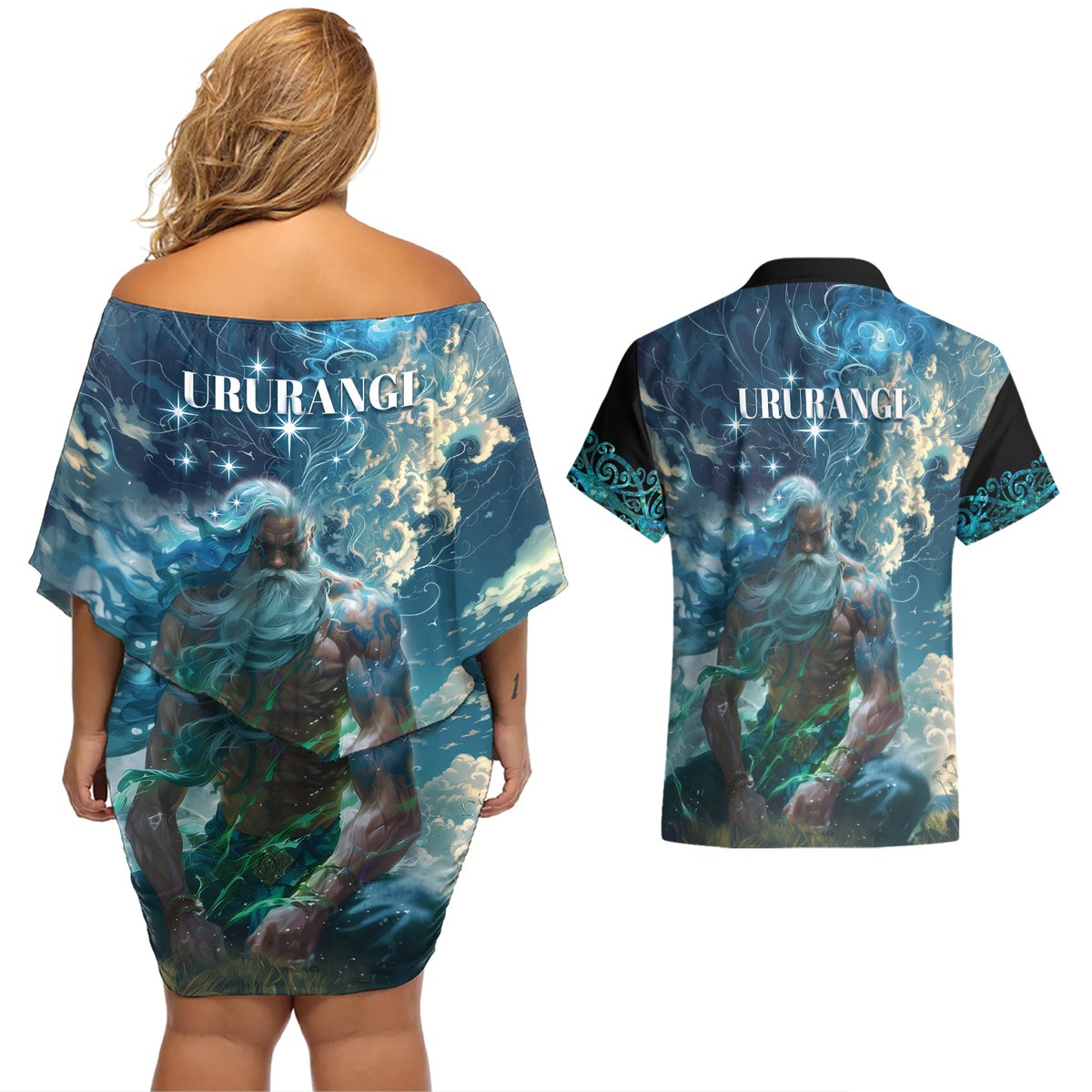 New Zealand Matariki Ururangi Couples Matching Off Shoulder Short Dress and Hawaiian Shirt The Murmur Of The Wind LT9 - Polynesian Pride