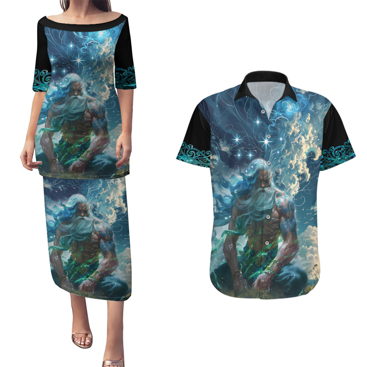 New Zealand Matariki Ururangi Couples Matching Puletasi and Hawaiian Shirt The Murmur Of The Wind LT9 Black - Polynesian Pride