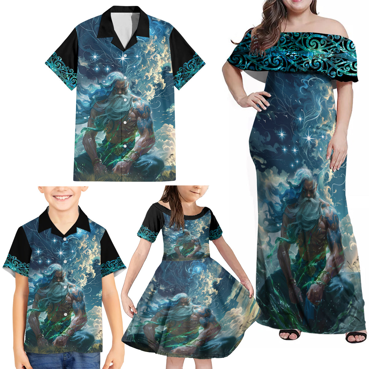 New Zealand Matariki Ururangi Family Matching Off Shoulder Maxi Dress and Hawaiian Shirt The Murmur Of The Wind LT9 - Polynesian Pride