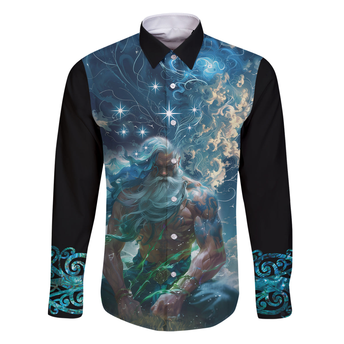 New Zealand Matariki Ururangi Family Matching Summer Maxi Dress and Hawaiian Shirt The Murmur Of The Wind LT9 Dad's Shirt - Long Sleeve Black - Polynesian Pride