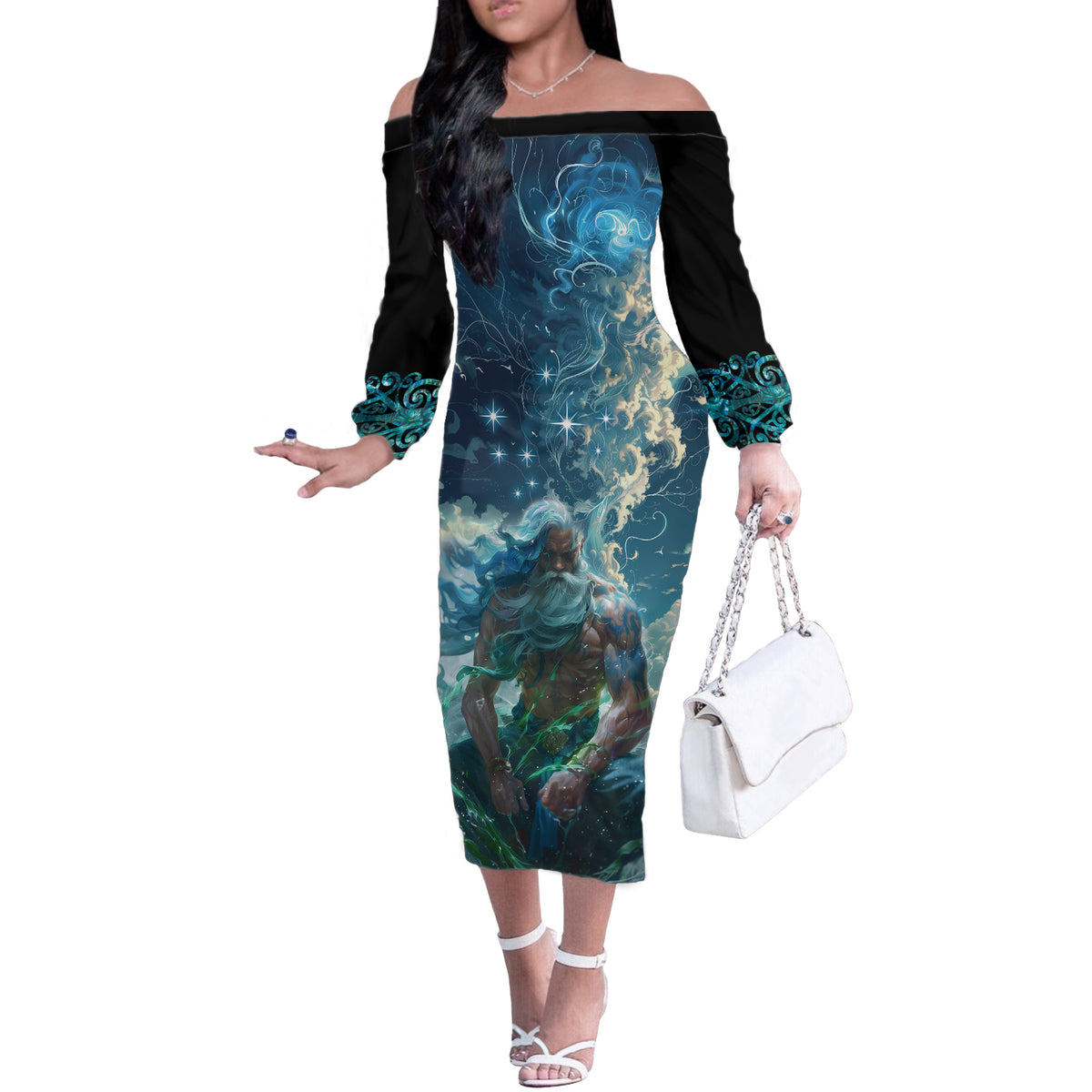 New Zealand Matariki Ururangi Off The Shoulder Long Sleeve Dress The Murmur Of The Wind LT9 Women Black - Polynesian Pride