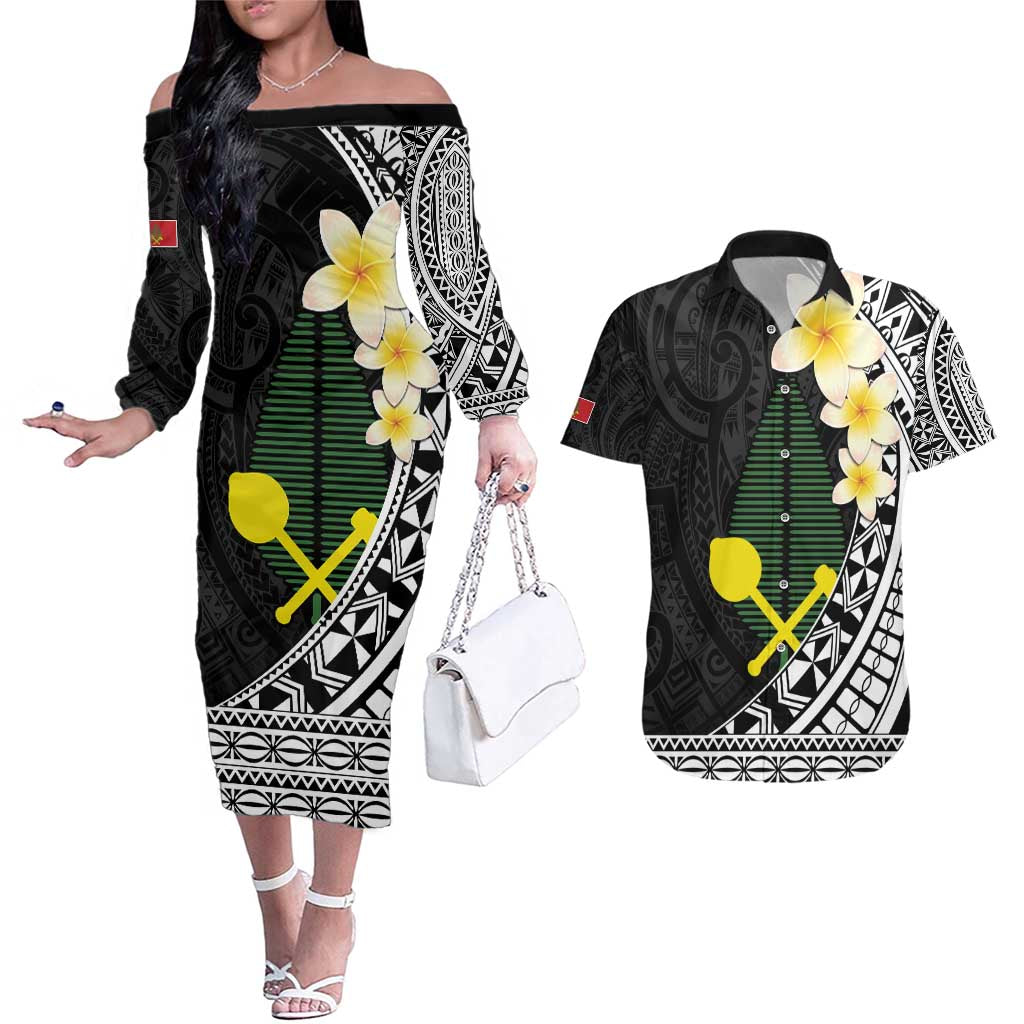 Alo Chiefdom Wallis and Futuna Personalized Couples Matching Off The Shoulder Long Sleeve Dress and Hawaiian Shirt Frangipani Flowers Polynesian Pattern LT9 Black - Polynesian Pride