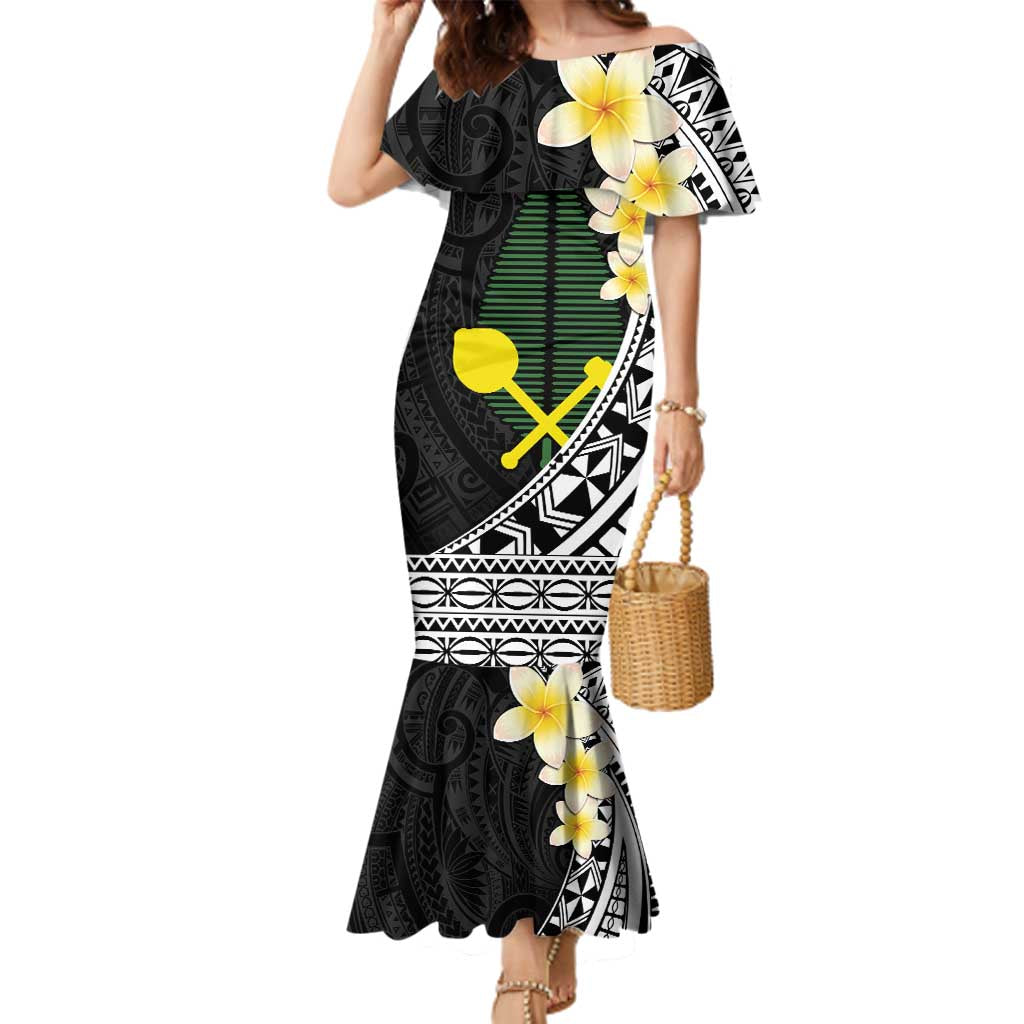 Alo Chiefdom Wallis and Futuna Personalized Family Matching Mermaid Dress and Hawaiian Shirt Frangipani Flowers Polynesian Pattern LT9 Mom's Dress Black - Polynesian Pride