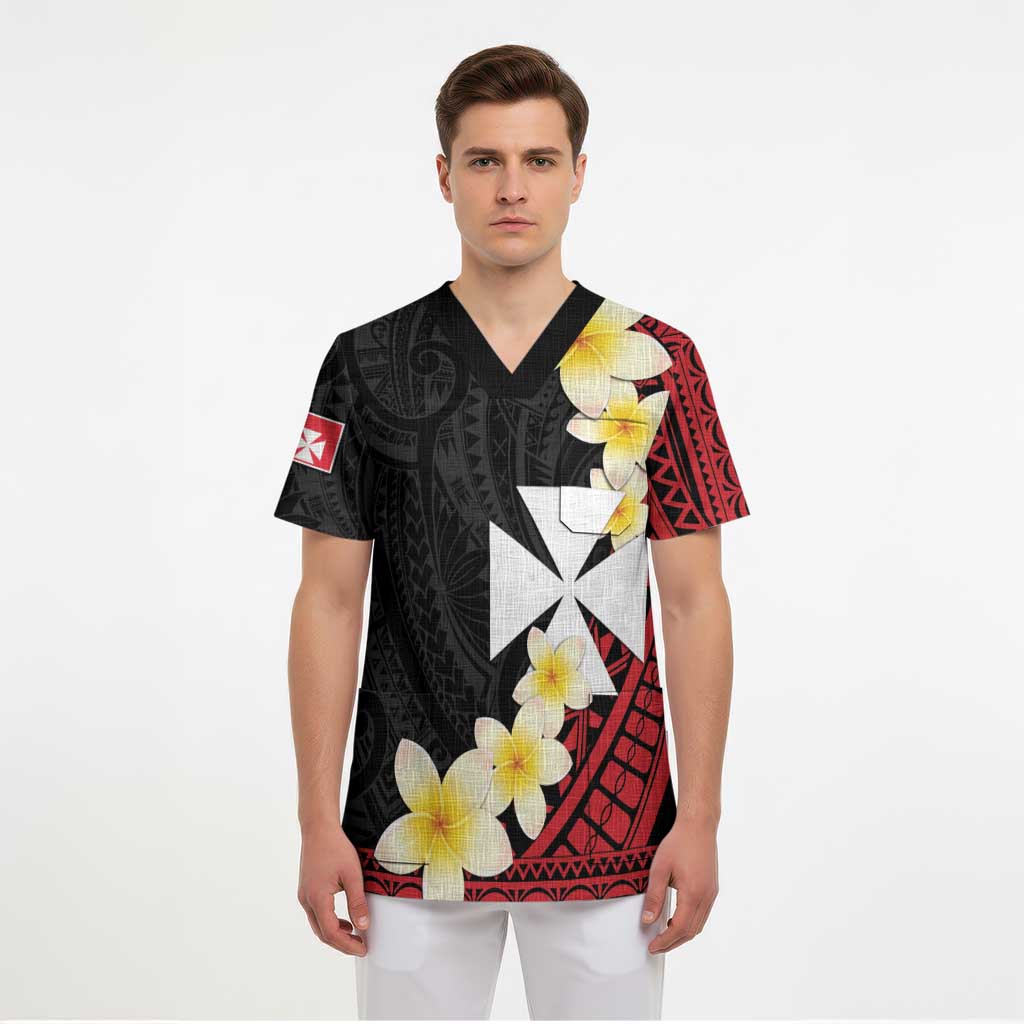 Uvea Chiefdom Wallis and Futuna Personalized Scrub Top Frangipani Flowers Polynesian Pattern - Polynesian Pride