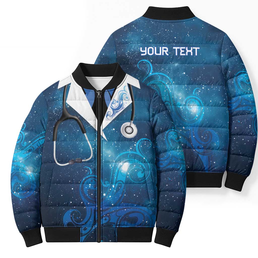 New Zealand Nurses RN Personalised Bomber Puffer Jacket Galaxy Stethoscope Maori Motif
