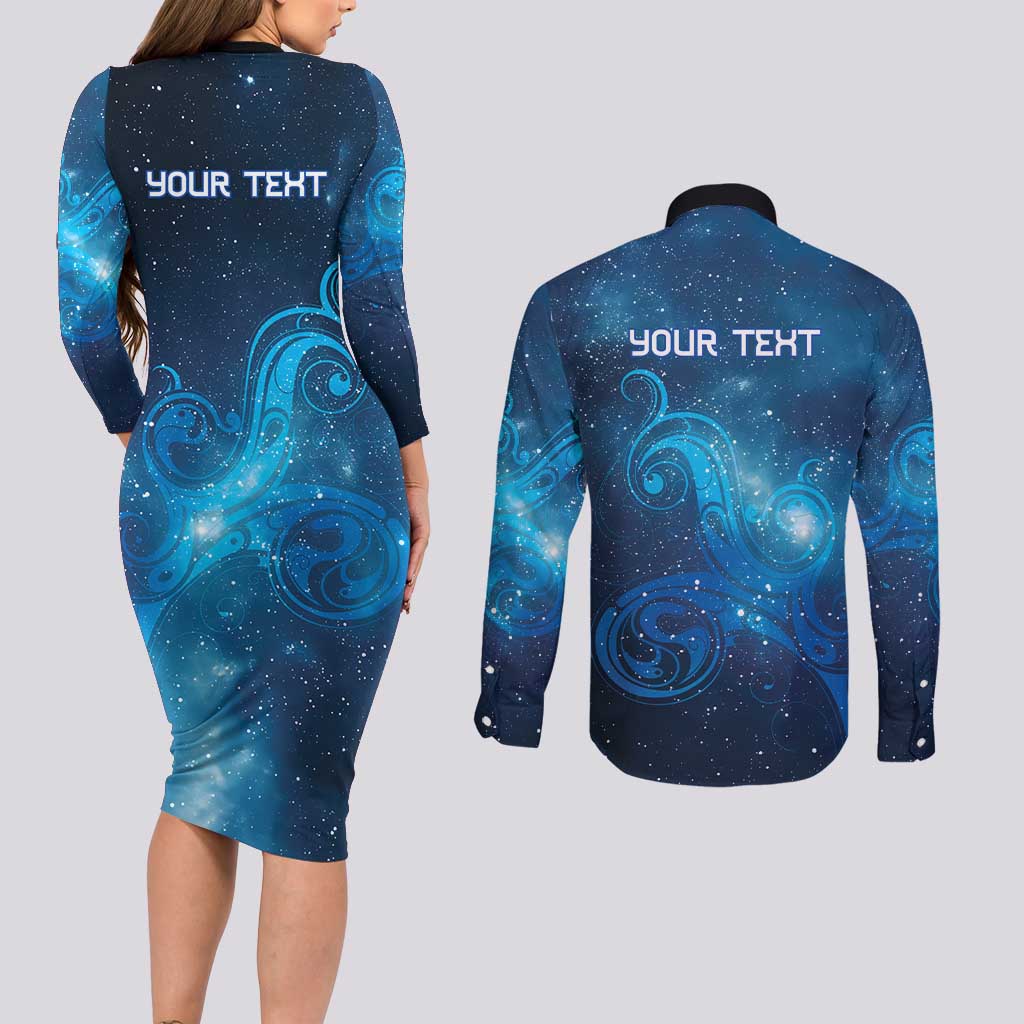 New Zealand Nurses RN Personalised Couples Matching Long Sleeve Bodycon Dress and Long Sleeve Button Shirt Galaxy Stethoscope Maori Motif LT9 - Polynesian Pride