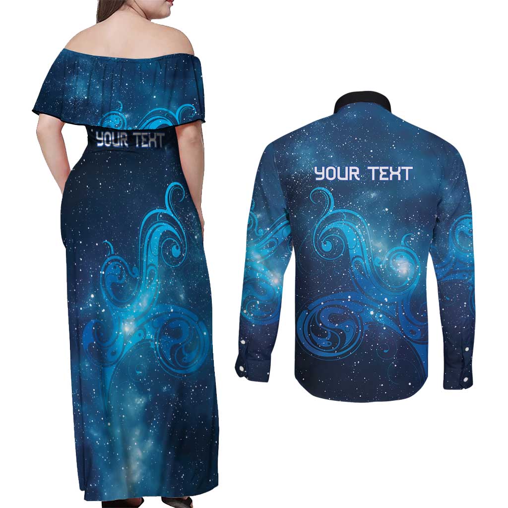 New Zealand Nurses RN Personalised Couples Matching Off Shoulder Maxi Dress and Long Sleeve Button Shirt Galaxy Stethoscope Maori Motif
