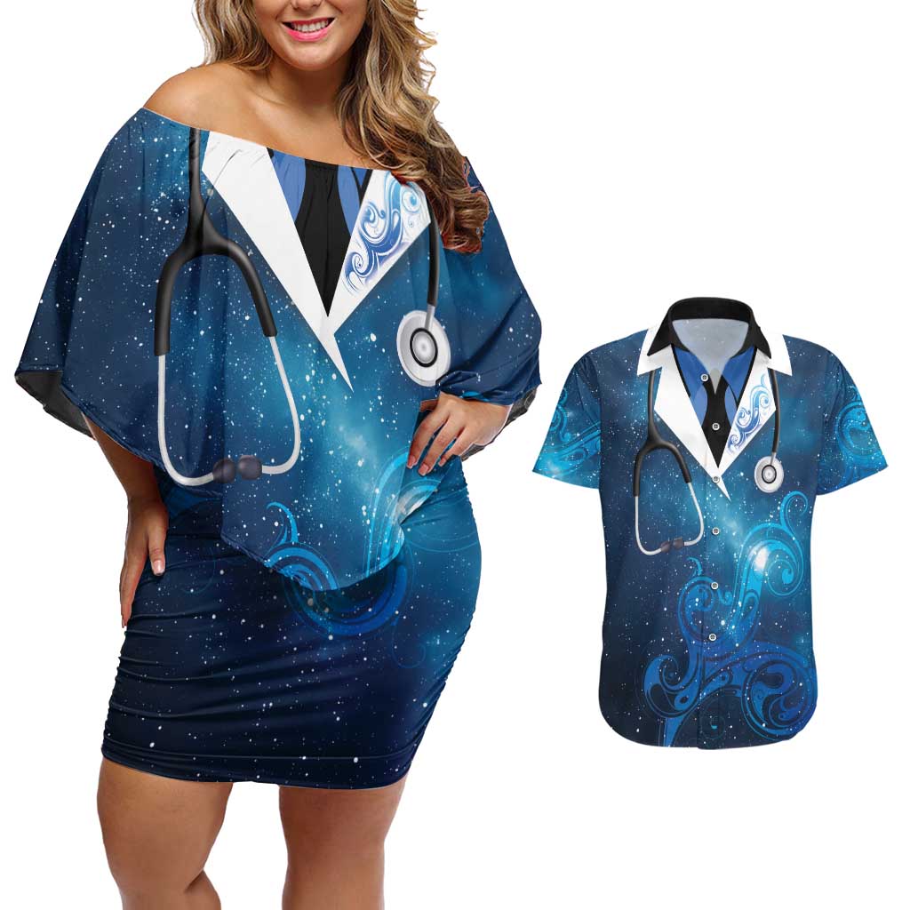 New Zealand Nurses RN Personalised Couples Matching Off Shoulder Short Dress and Hawaiian Shirt Galaxy Stethoscope Maori Motif