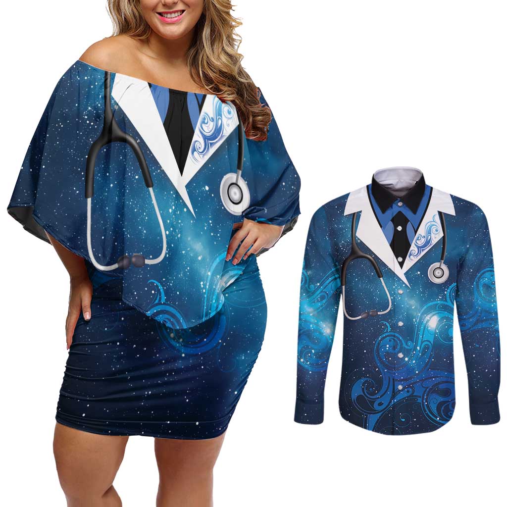 New Zealand Nurses RN Personalised Couples Matching Off Shoulder Short Dress and Long Sleeve Button Shirt Galaxy Stethoscope Maori Motif