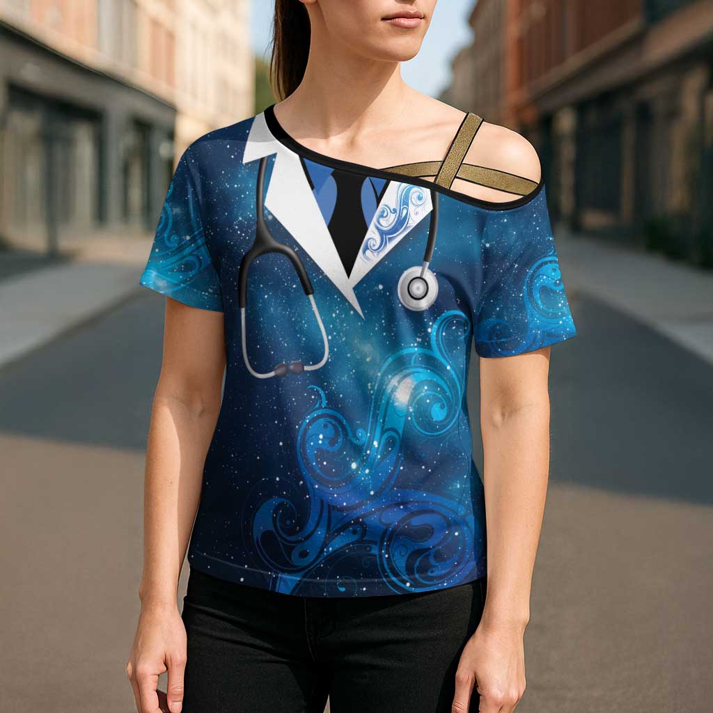 New Zealand Nurses RN Personalised Cross Shoulder Shirt Galaxy Stethoscope Maori Motif