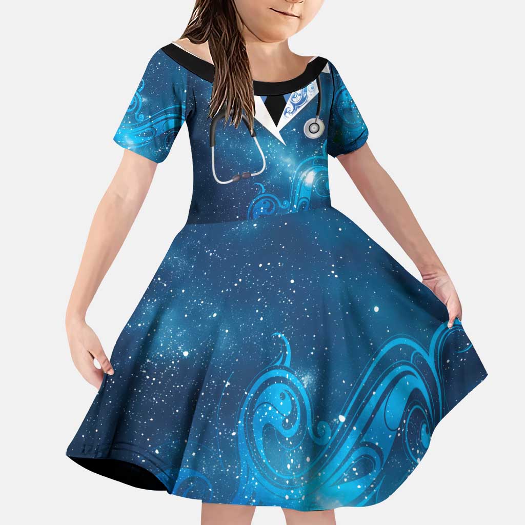 New Zealand Nurses RN Personalised Family Matching Off The Shoulder Long Sleeve Dress and Hawaiian Shirt Galaxy Stethoscope Maori Motif LT9 Daughter's Dress Galaxy - Polynesian Pride