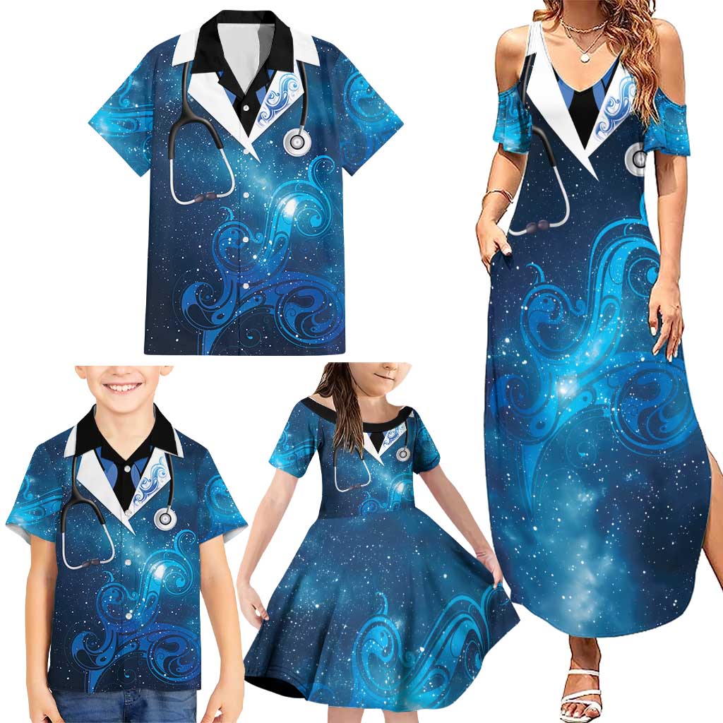 New Zealand Nurses RN Personalised Family Matching Summer Maxi Dress and Hawaiian Shirt Galaxy Stethoscope Maori Motif