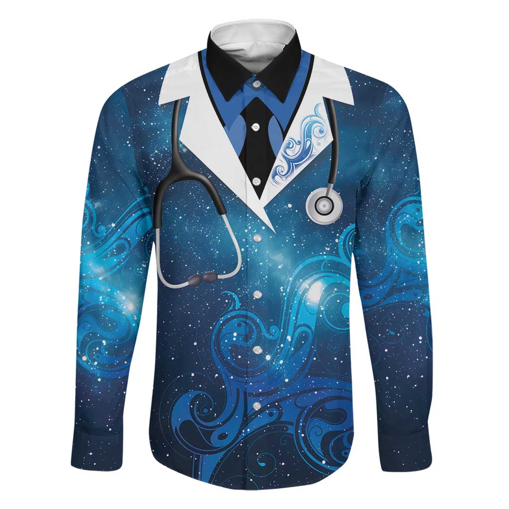 New Zealand Nurses RN Personalised Family Matching Tank Maxi Dress and Hawaiian Shirt Galaxy Stethoscope Maori Motif LT9 Dad's Shirt - Long Sleeve Galaxy - Polynesian Pride