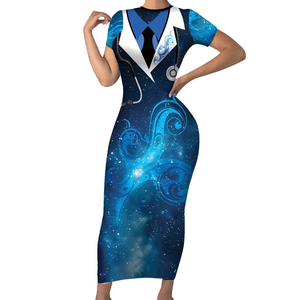 New Zealand Nurses RN Personalised Short Sleeve Bodycon Dress Galaxy Stethoscope Maori Motif