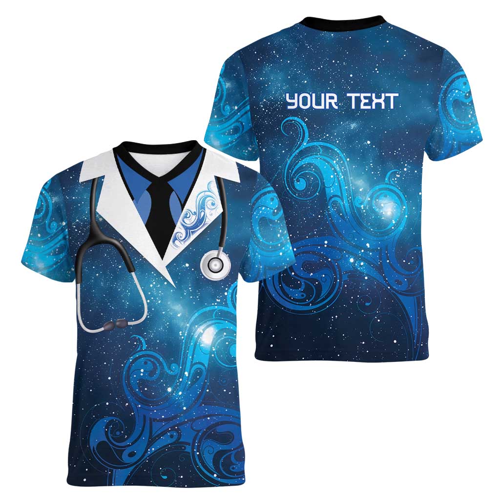 New Zealand Nurses RN Personalised Women V-Neck T-Shirt Galaxy Stethoscope Maori Motif
