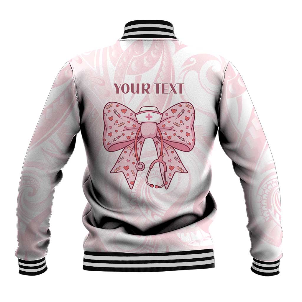 New Zealand Nurses RN Personalised Baseball Jacket Pink Stethoscope Coquette Bow Maori Motif