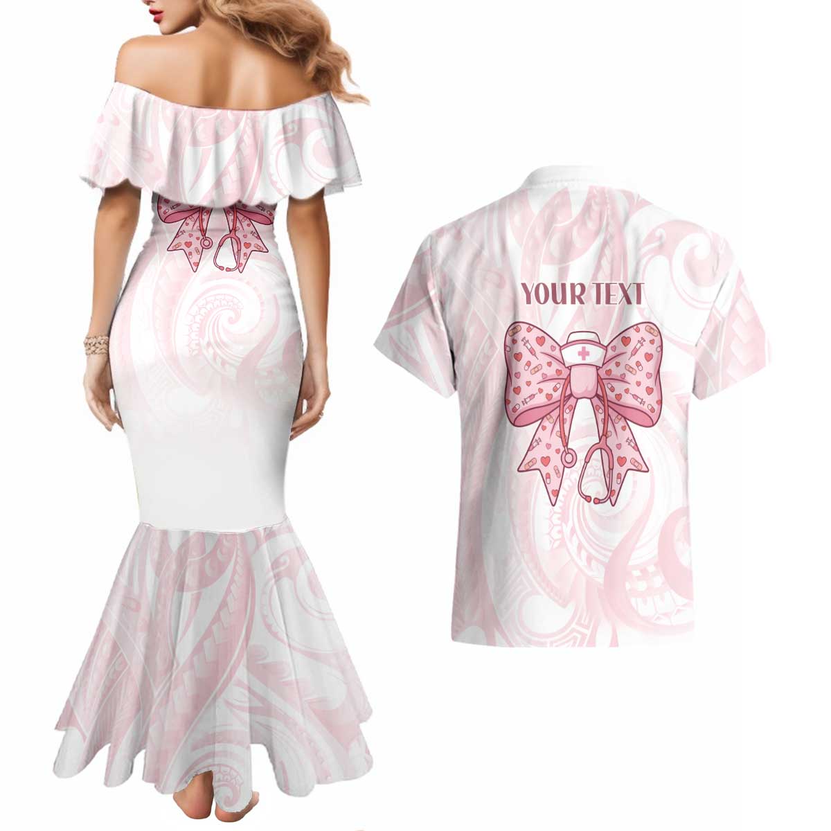 New Zealand Nurses RN Personalised Couples Matching Mermaid Dress and Hawaiian Shirt Pink Stethoscope Coquette Bow Maori Motif LT9 - Polynesian Pride