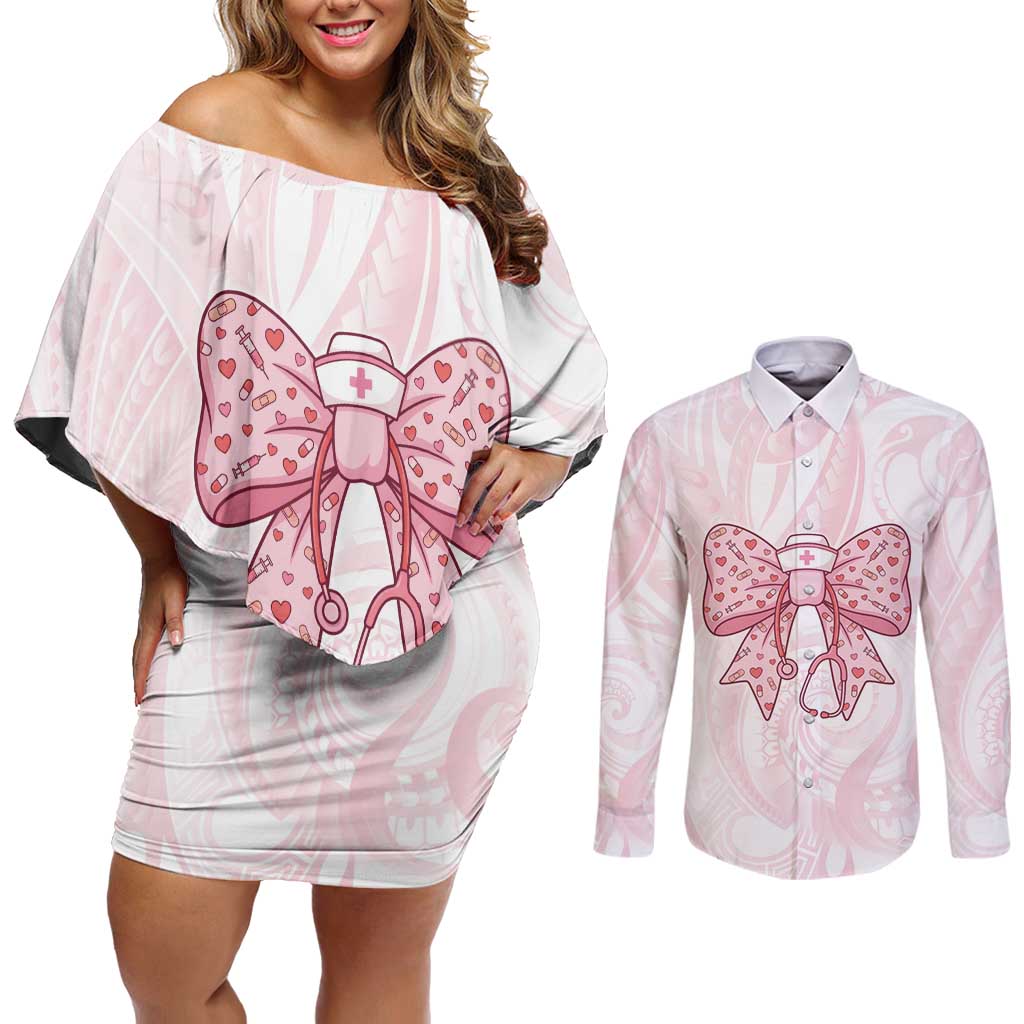 New Zealand Nurses RN Personalised Couples Matching Off Shoulder Short Dress and Long Sleeve Button Shirt Pink Stethoscope Coquette Bow Maori Motif