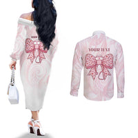 New Zealand Nurses RN Personalised Couples Matching Off The Shoulder Long Sleeve Dress and Long Sleeve Button Shirt Pink Stethoscope Coquette Bow Maori Motif LT9 - Polynesian Pride