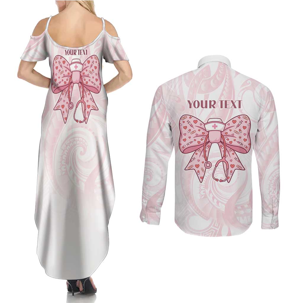 New Zealand Nurses RN Personalised Couples Matching Summer Maxi Dress and Long Sleeve Button Shirt Pink Stethoscope Coquette Bow Maori Motif