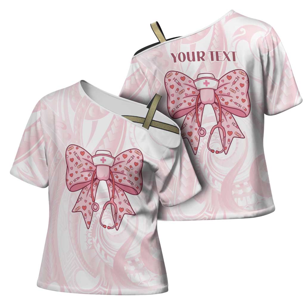 New Zealand Nurses RN Personalised Cross Shoulder Shirt Pink Stethoscope Coquette Bow Maori Motif