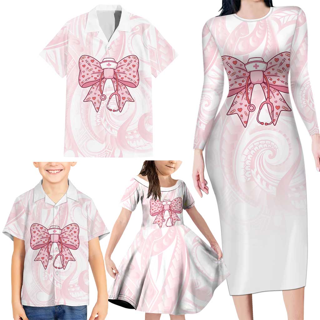 New Zealand Nurses RN Personalised Family Matching Long Sleeve Bodycon Dress and Hawaiian Shirt Pink Stethoscope Coquette Bow Maori Motif LT9 - Polynesian Pride