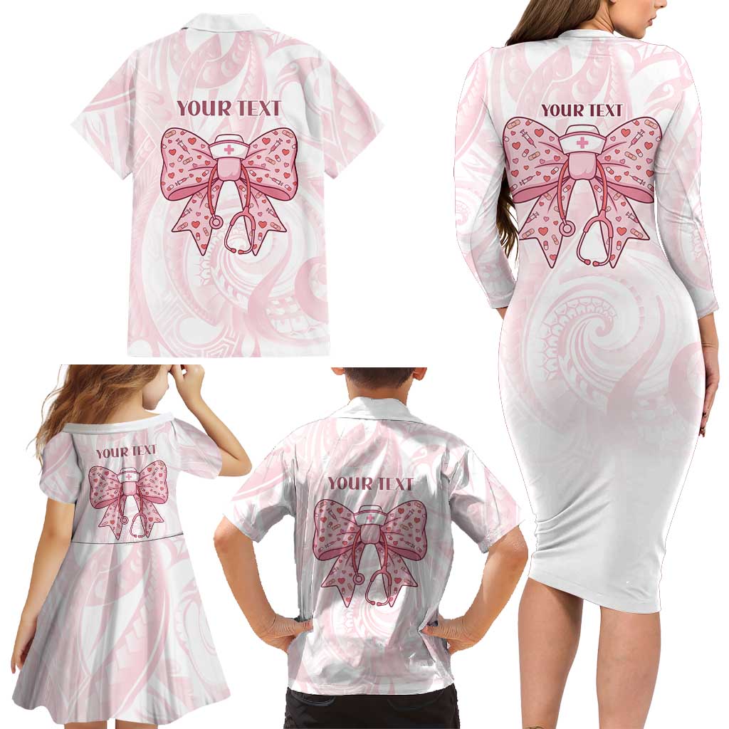 New Zealand Nurses RN Personalised Family Matching Long Sleeve Bodycon Dress and Hawaiian Shirt Pink Stethoscope Coquette Bow Maori Motif LT9 - Polynesian Pride