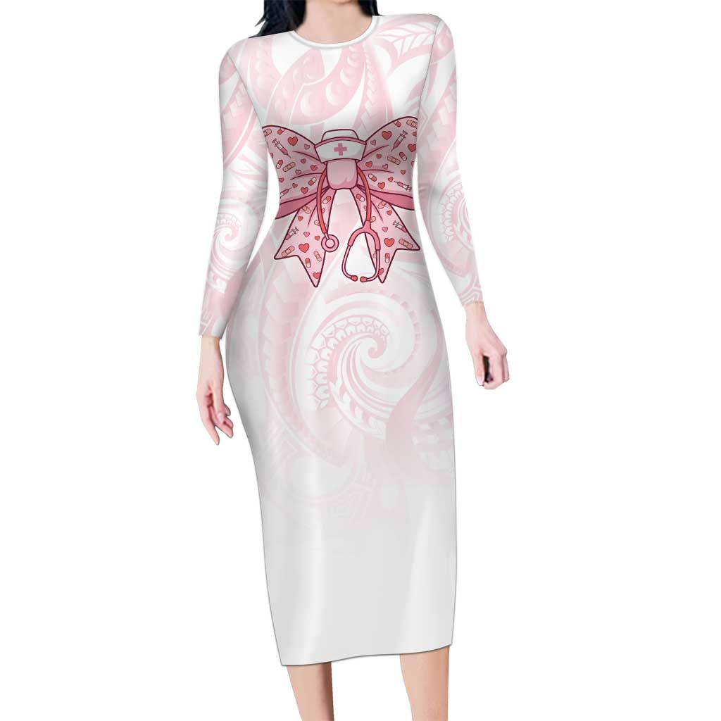 New Zealand Nurses RN Personalised Family Matching Long Sleeve Bodycon Dress and Hawaiian Shirt Pink Stethoscope Coquette Bow Maori Motif LT9 Mom's Dress Pink - Polynesian Pride