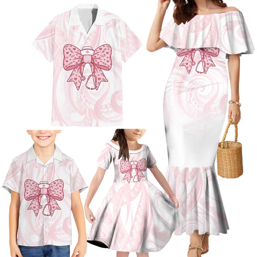 New Zealand Nurses RN Personalised Family Matching Mermaid Dress and Hawaiian Shirt Pink Stethoscope Coquette Bow Maori Motif LT9 - Polynesian Pride