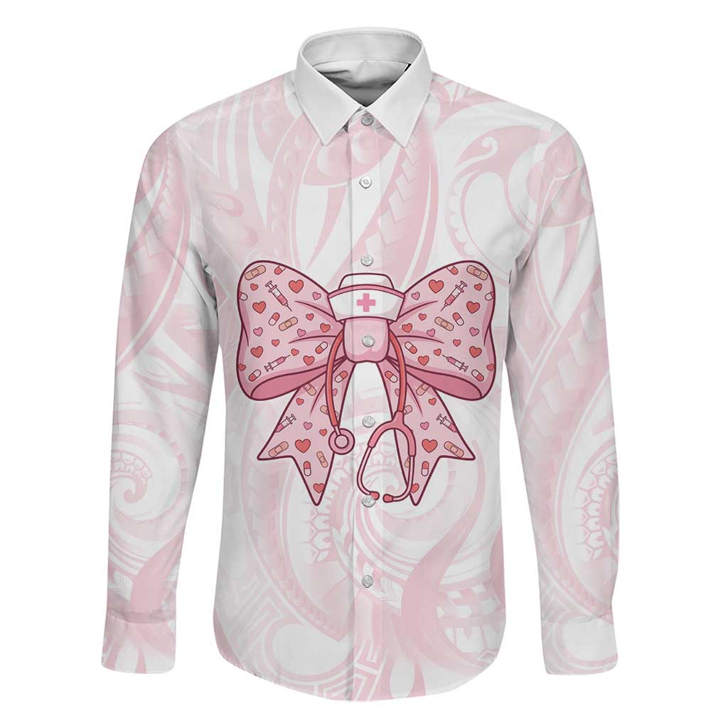 New Zealand Nurses RN Personalised Family Matching Off Shoulder Maxi Dress and Hawaiian Shirt Pink Stethoscope Coquette Bow Maori Motif LT9 Dad's Shirt - Long Sleeve Pink - Polynesian Pride
