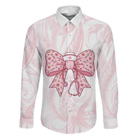 New Zealand Nurses RN Personalised Family Matching Off Shoulder Maxi Dress and Hawaiian Shirt Pink Stethoscope Coquette Bow Maori Motif LT9 Dad's Shirt - Long Sleeve Pink - Polynesian Pride