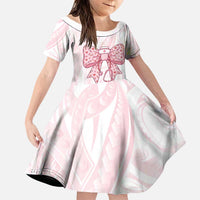 New Zealand Nurses RN Personalised Family Matching Off Shoulder Short Dress and Hawaiian Shirt Pink Stethoscope Coquette Bow Maori Motif LT9 Daughter's Dress Pink - Polynesian Pride