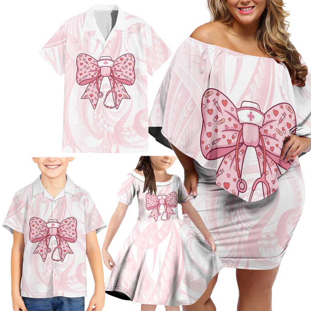New Zealand Nurses RN Personalised Family Matching Off Shoulder Short Dress and Hawaiian Shirt Pink Stethoscope Coquette Bow Maori Motif