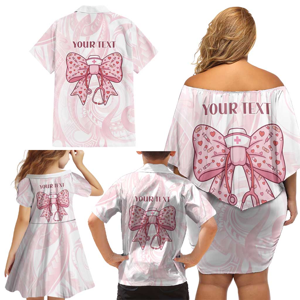 New Zealand Nurses RN Personalised Family Matching Off Shoulder Short Dress and Hawaiian Shirt Pink Stethoscope Coquette Bow Maori Motif LT9 - Polynesian Pride