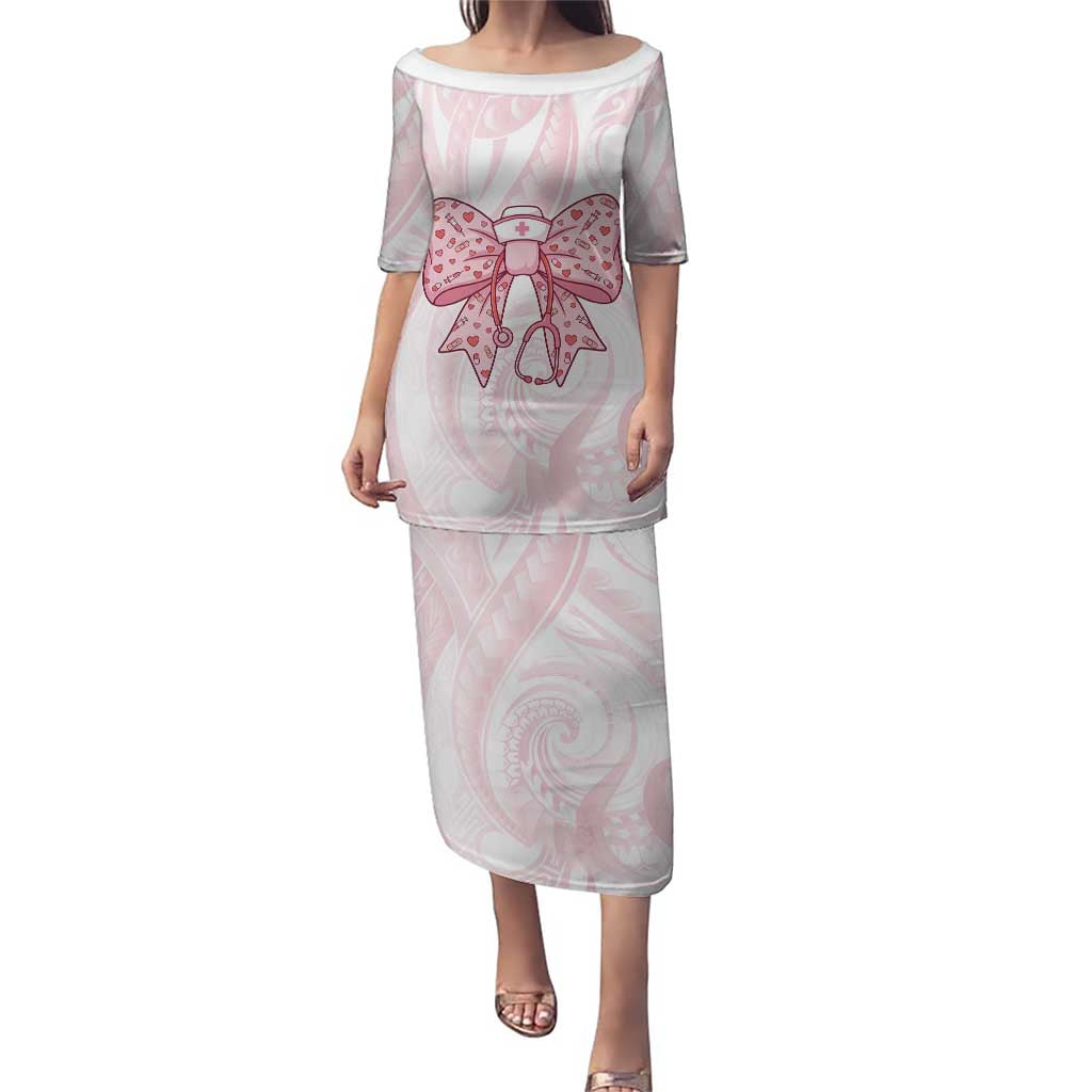 New Zealand Nurses RN Personalised Family Matching Puletasi and Hawaiian Shirt Pink Stethoscope Coquette Bow Maori Motif LT9 Mom's Dress Pink - Polynesian Pride
