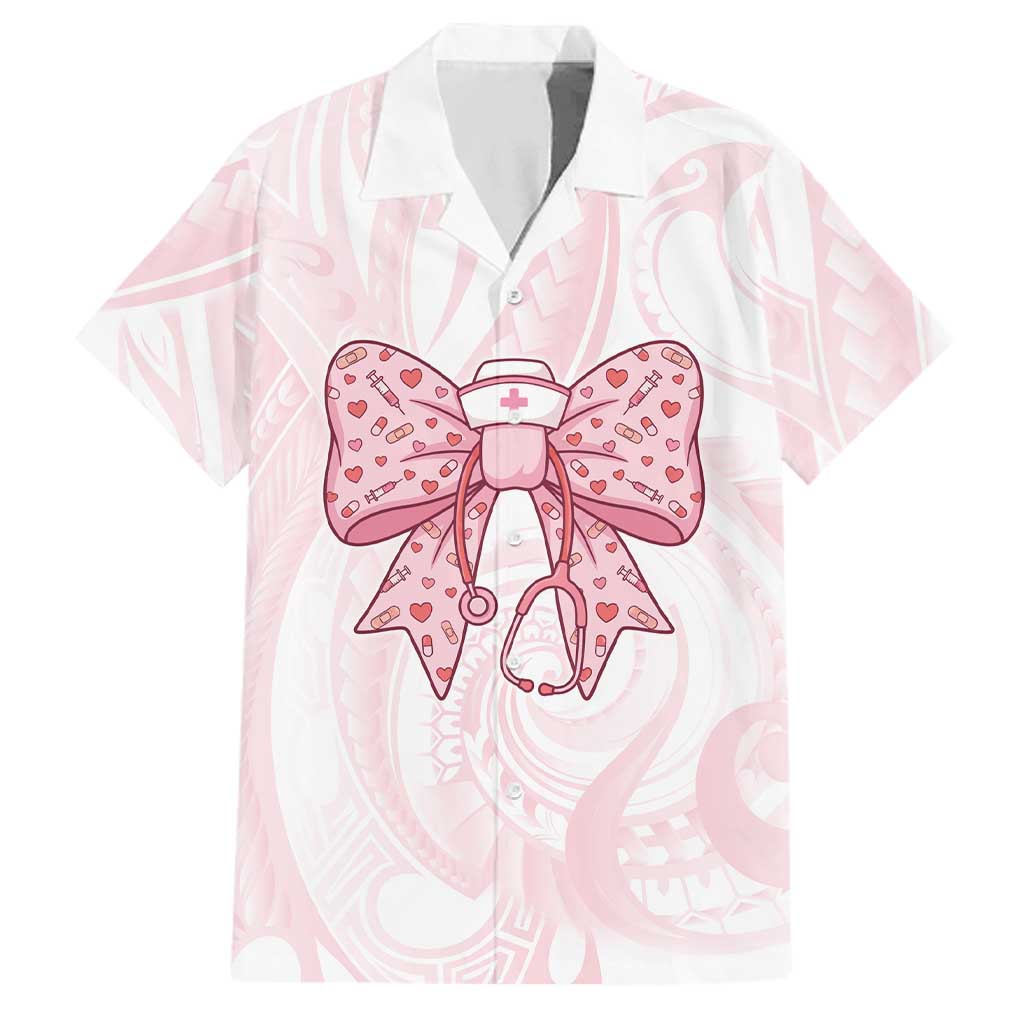 New Zealand Nurses RN Personalised Family Matching Short Sleeve Bodycon Dress and Hawaiian Shirt Pink Stethoscope Coquette Bow Maori Motif LT9 Dad's Shirt - Short Sleeve Pink - Polynesian Pride