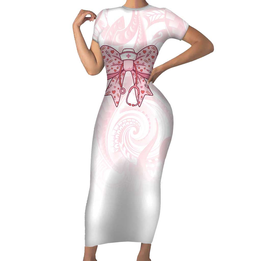 New Zealand Nurses RN Personalised Family Matching Short Sleeve Bodycon Dress and Hawaiian Shirt Pink Stethoscope Coquette Bow Maori Motif LT9 Mom's Dress Pink - Polynesian Pride