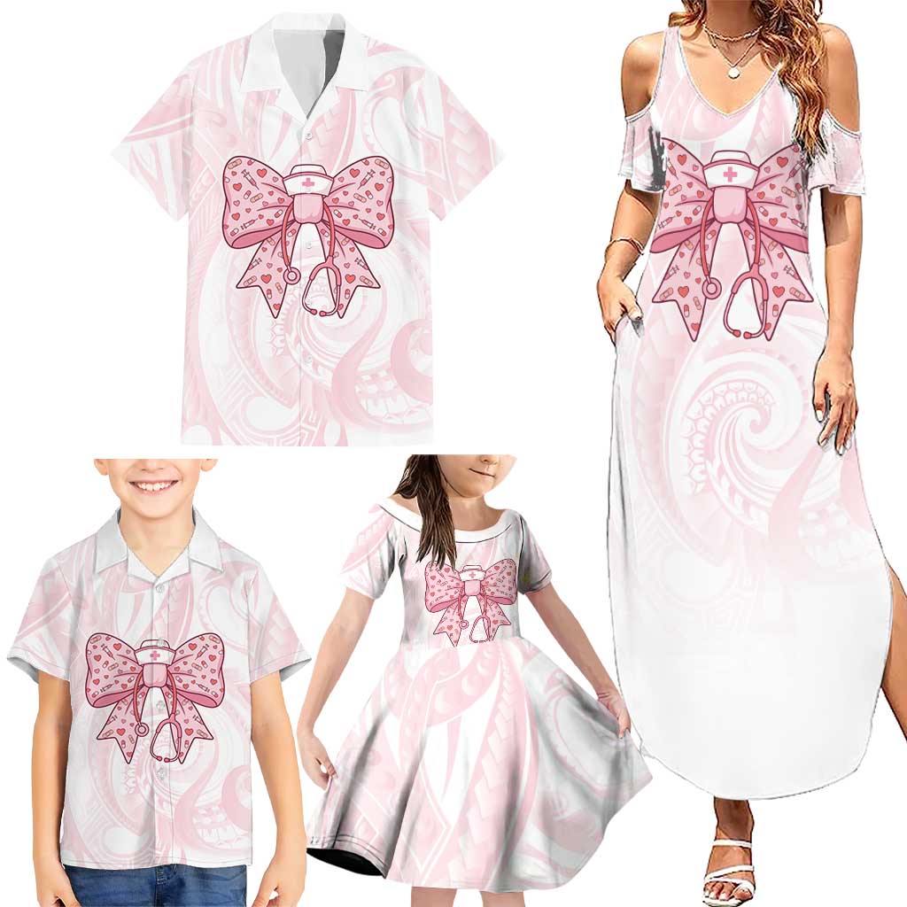 New Zealand Nurses RN Personalised Family Matching Summer Maxi Dress and Hawaiian Shirt Pink Stethoscope Coquette Bow Maori Motif