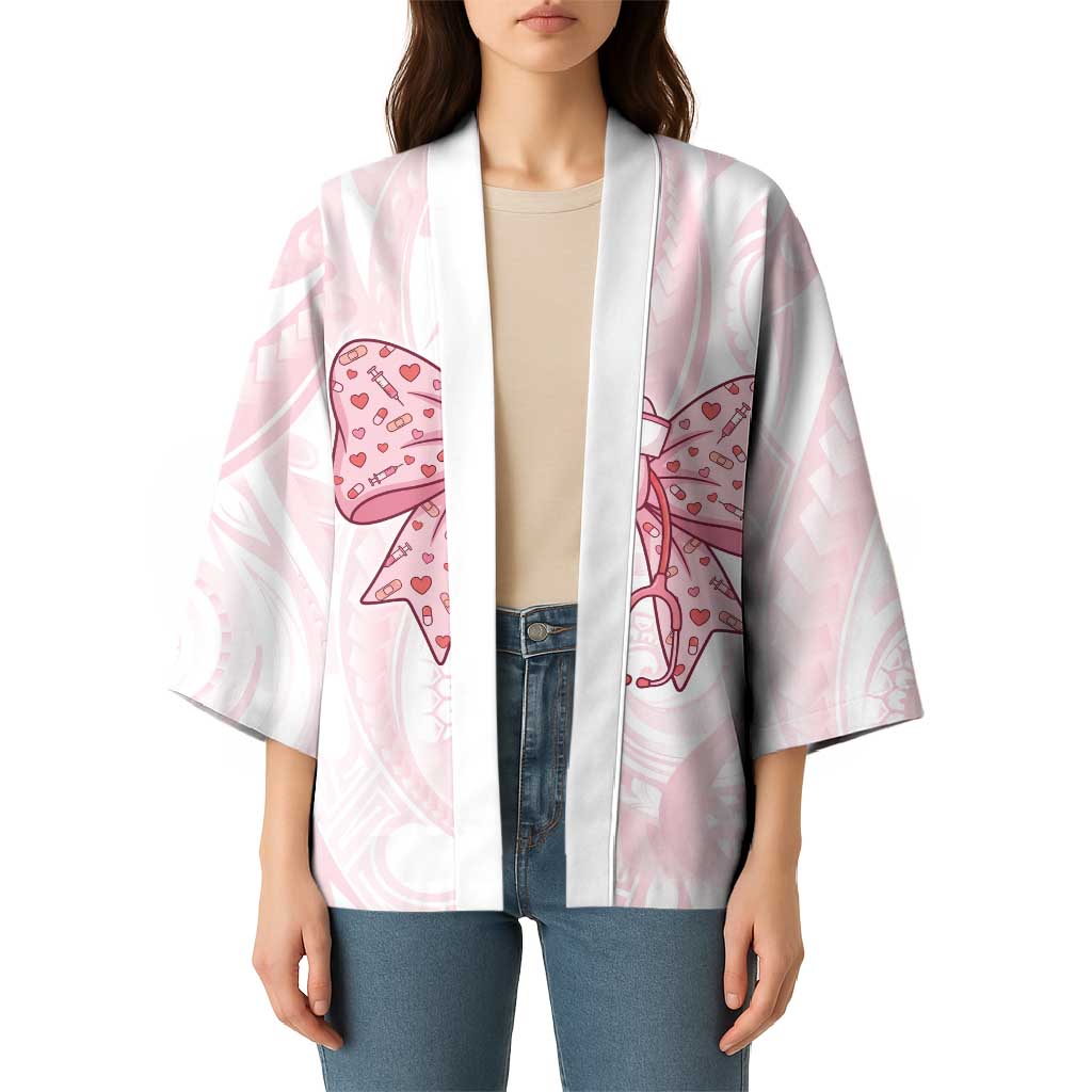 New Zealand Nurses RN Personalised Kimono Pink Stethoscope Coquette Bow Maori Motif