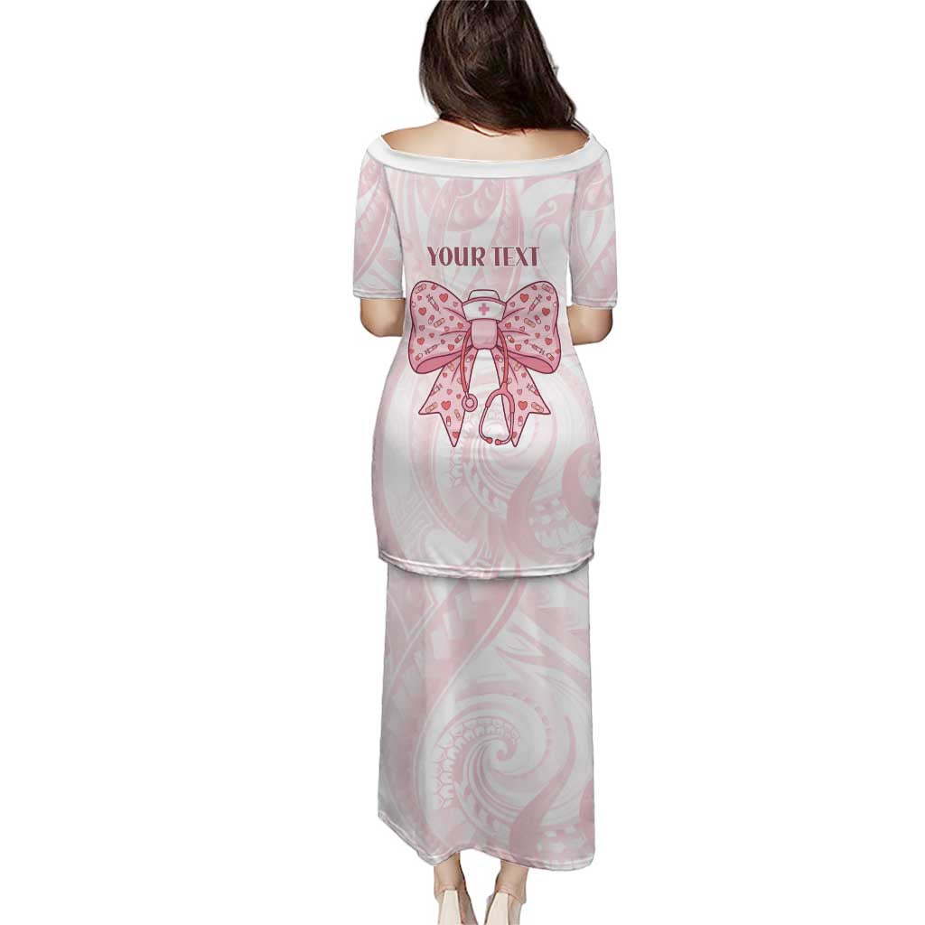 New Zealand Nurses RN Personalised Puletasi Pink Stethoscope Coquette Bow Maori Motif