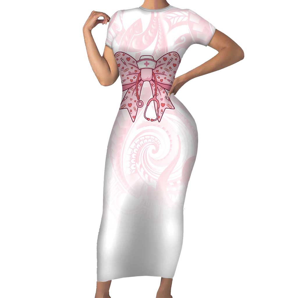 New Zealand Nurses RN Personalised Short Sleeve Bodycon Dress Pink Stethoscope Coquette Bow Maori Motif
