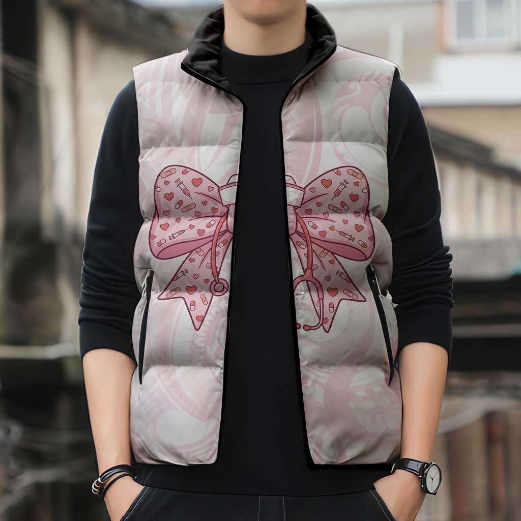 New Zealand Nurses RN Personalised Sleeveless Puffer Jacket Pink Stethoscope Coquette Bow Maori Motif