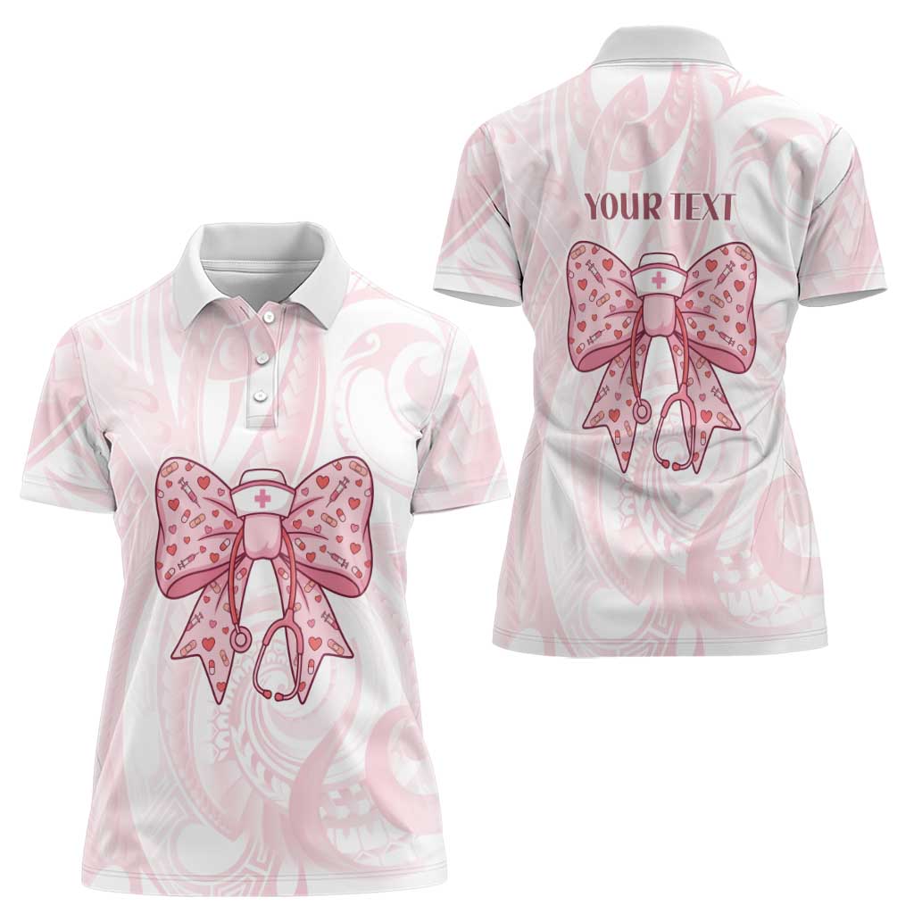 New Zealand Nurses RN Personalised Women Polo Shirt Pink Stethoscope Coquette Bow Maori Motif