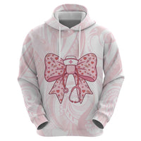 New Zealand Nurses RN Personalised Zip Hoodie Pink Stethoscope Coquette Bow Maori Motif