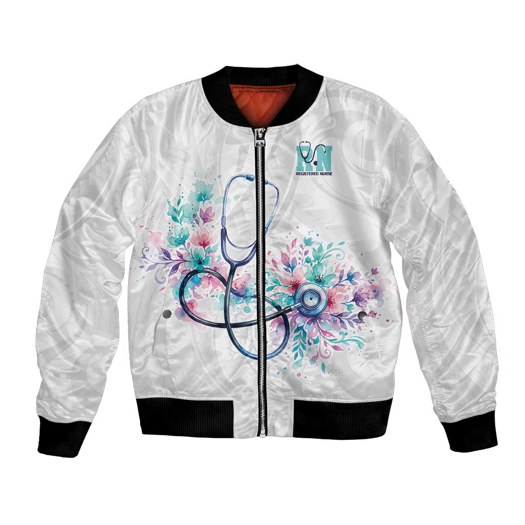 New Zealand Nurses RN Personalised Bomber Jacket Stethoscope Floral Maori Motif